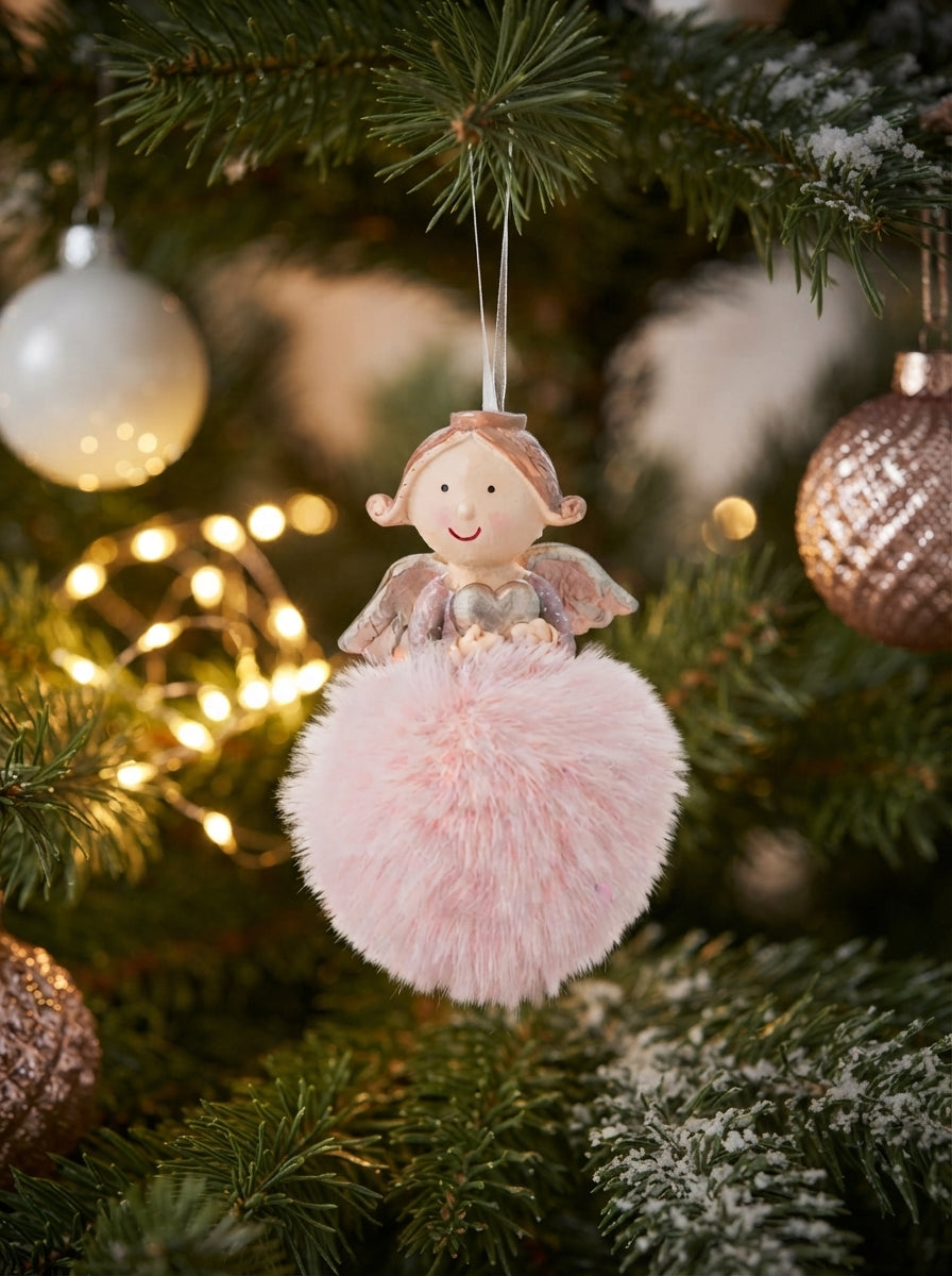Angel Christmas Tree Ornament with Pink Pom-Poms