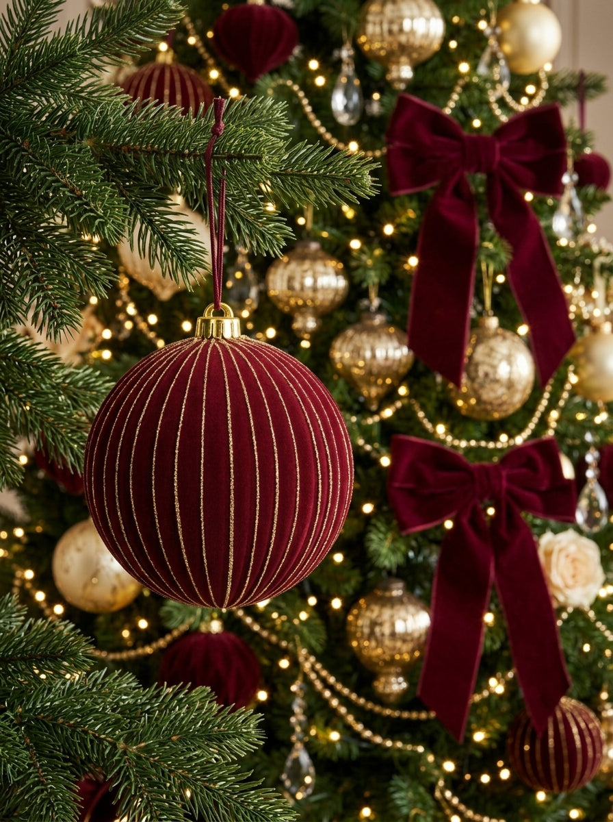 Burgundy Velvet – Altın Işıltılı Bordo Kadife Yılbaşı Ağacı Topu 15 CM Çapında