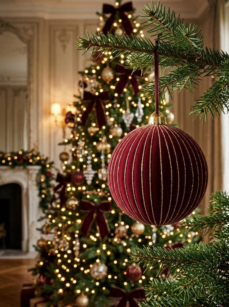 Burgundy Velvet – Altın Işıltılı Bordo Kadife Yılbaşı Ağacı Topu 15 CM Çapında