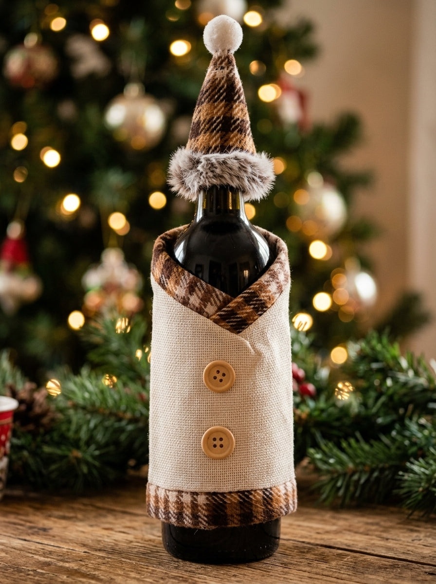 Santa's Bottle Dress Krem Ekose Yılbaşı Şişe Süsü – 13 CM x 19 CM