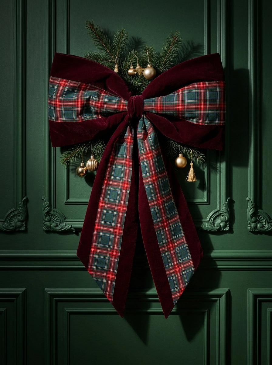 Heritage Christmas – Ekose Detaylı Bordo Kadife Büyük Boy Yılbaşı Fiyongu - 65 CM x 95 CM