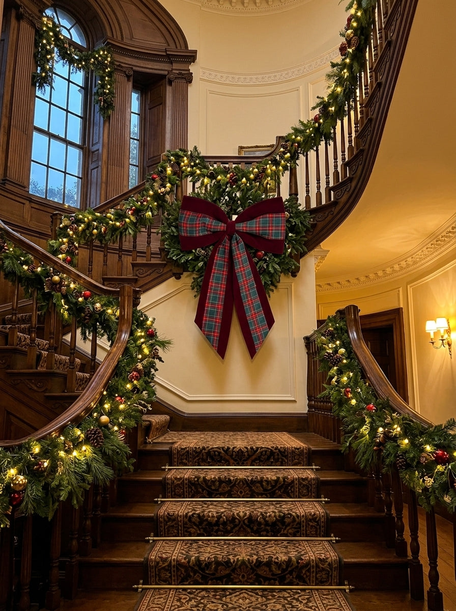 Heritage Christmas – Ekose Detaylı Bordo Kadife Büyük Boy Yılbaşı Fiyongu - 65 CM x 95 CM