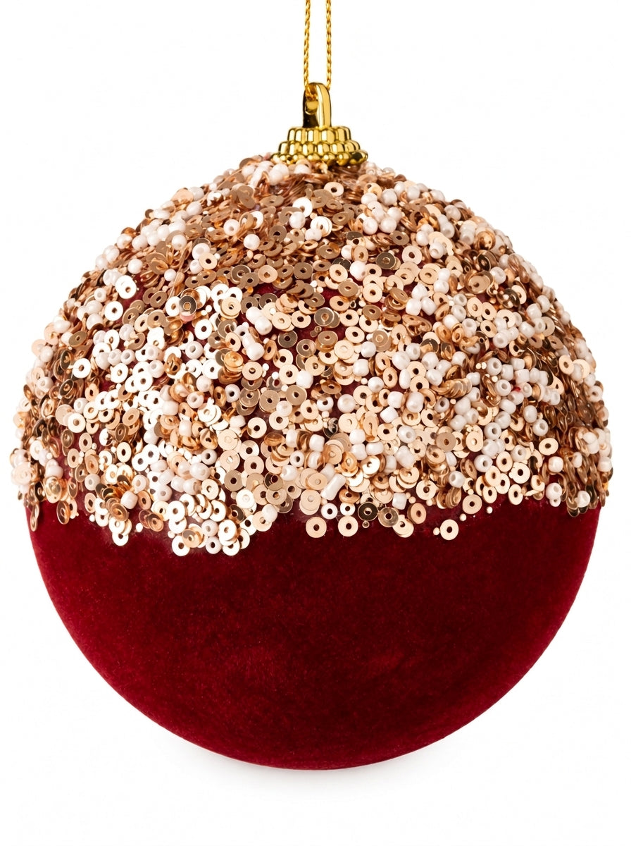 Burgundy Couture – Şampanya Payetli Bordo Kadife Yılbaşı Ağacı Süsü - 9 CM