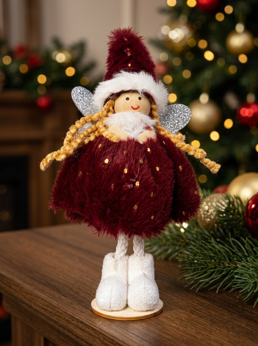 Burgundy Christmas Fairy – Bordo Kürklü Dekoratif Yılbaşı Perisi - 16 CM