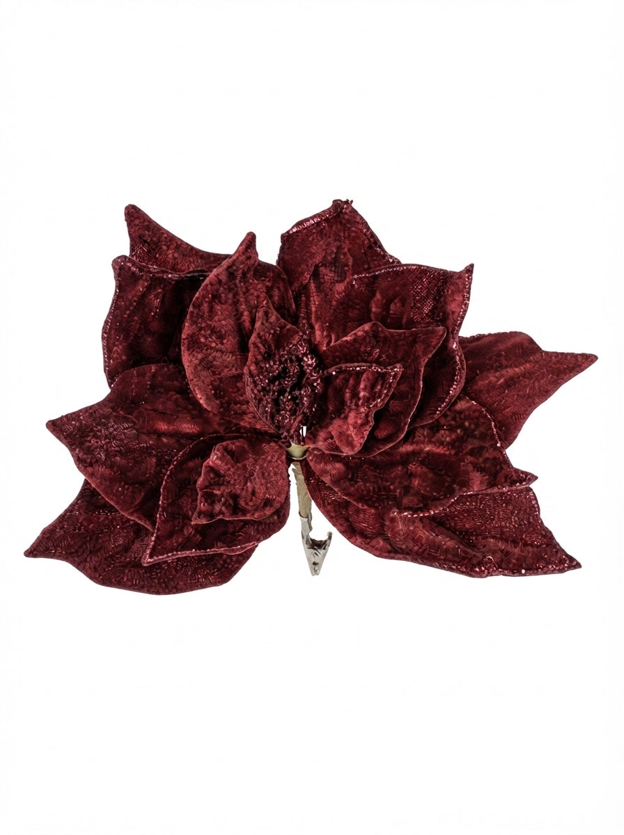 Burgundy Poinsettia Glitter Klipsli Yılbaşı Ağacı Süsü