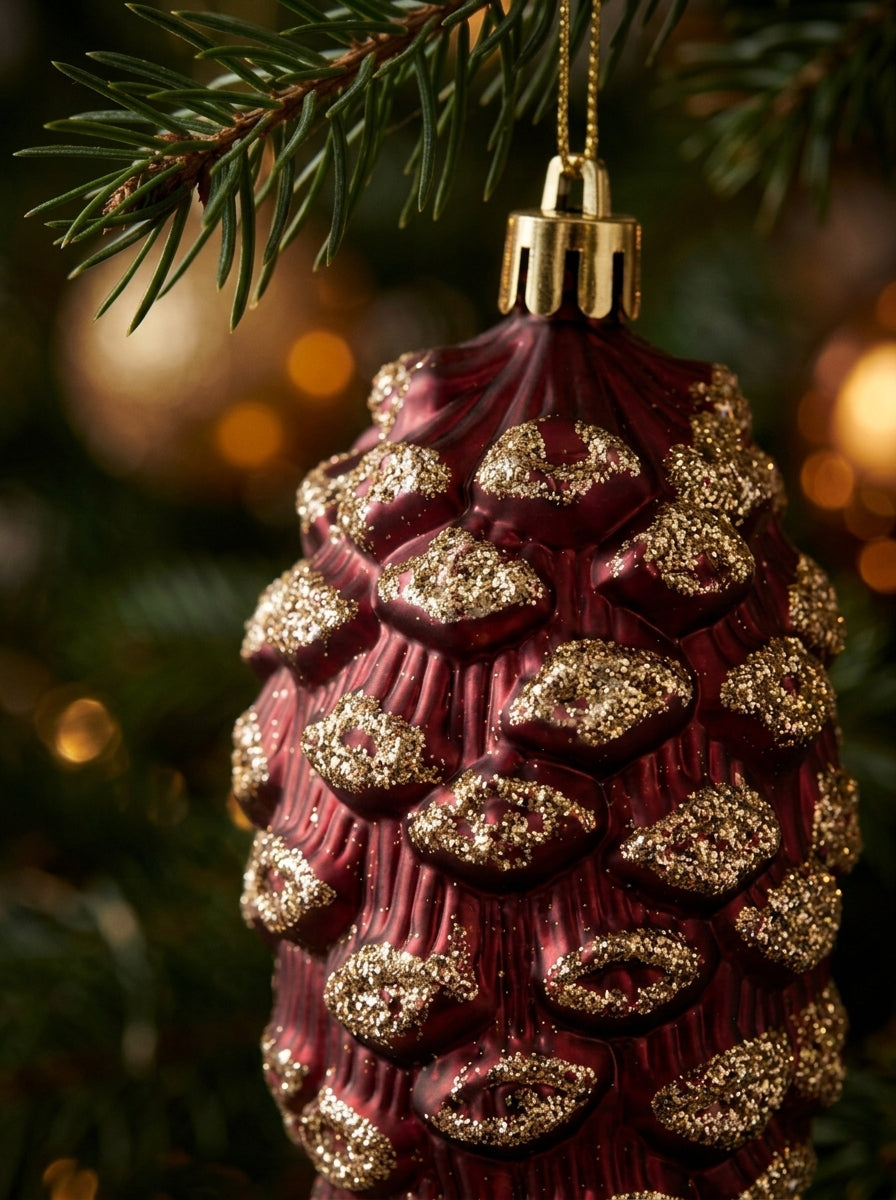 Burgundy Pine – Bordo Gold Işıltılı Kozalak Yılbaşı Ağacı Süsü - 13 CM
