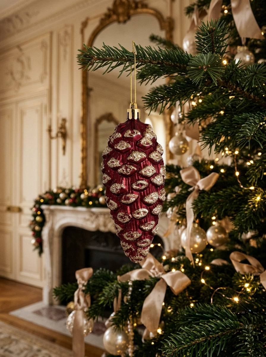 Burgundy Pine – Bordo Gold Işıltılı Kozalak Yılbaşı Ağacı Süsü - 13 CM