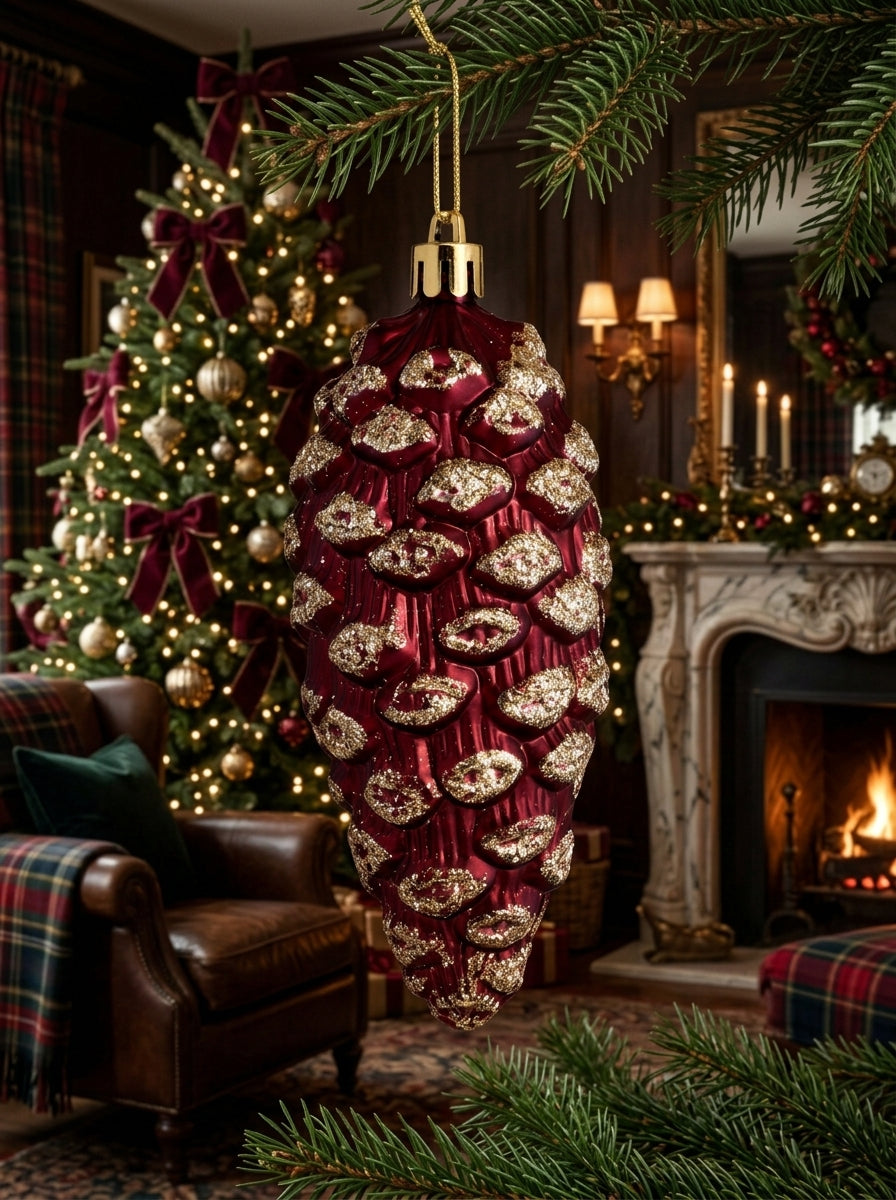 Burgundy Pine – Bordo Gold Işıltılı Kozalak Yılbaşı Ağacı Süsü - 13 CM