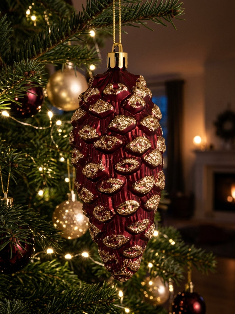 Burgundy Pine – Bordo Gold Işıltılı Kozalak Yılbaşı Ağacı Süsü - 13 CM