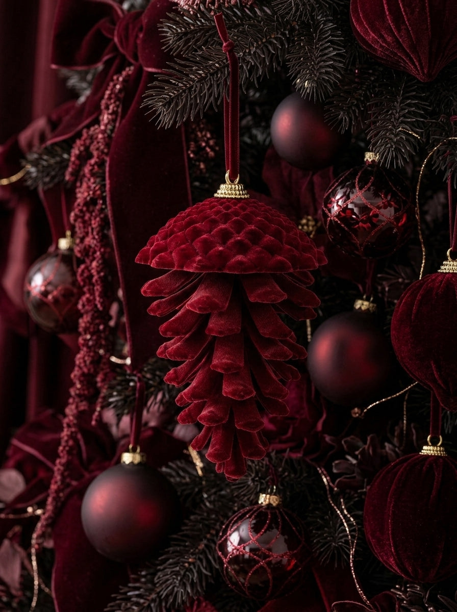 Burgundy Forest – Bordo Kadife Kozalak Yılbaşı Ağacı Süsü - 15 CM