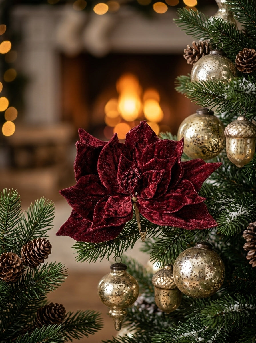 Burgundy Poinsettia Glitter Klipsli Yılbaşı Ağacı Süsü