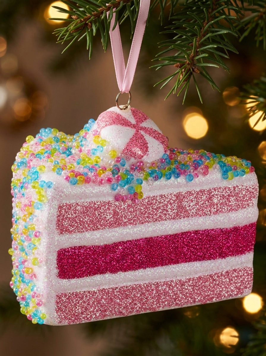 Pink Patisserie – Pembe Işıltılı Pasta Dilimi Yılbaşı Ağacı Süsü - 9 CM