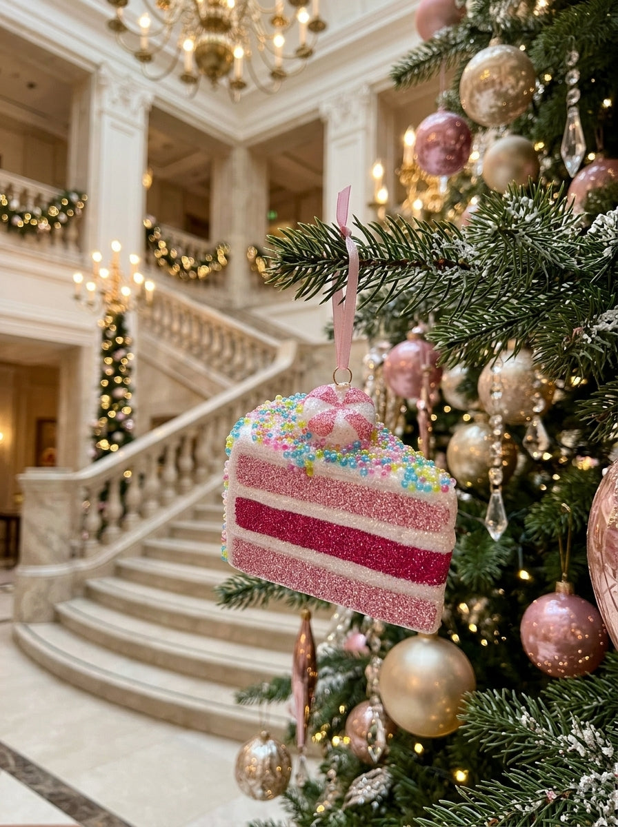 Pink Patisserie – Pembe Işıltılı Pasta Dilimi Yılbaşı Ağacı Süsü - 9 CM