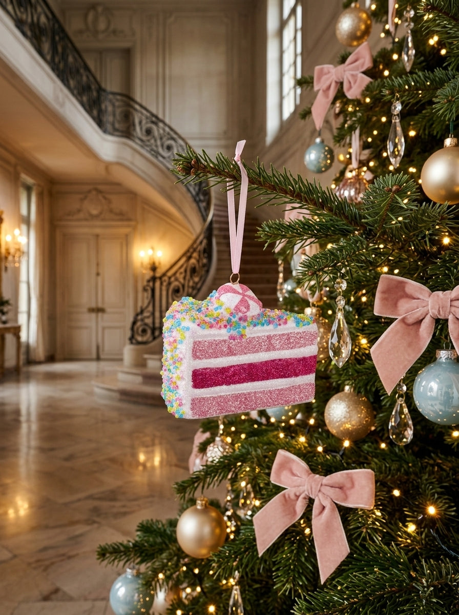 Pink Patisserie – Pembe Işıltılı Pasta Dilimi Yılbaşı Ağacı Süsü - 9 CM