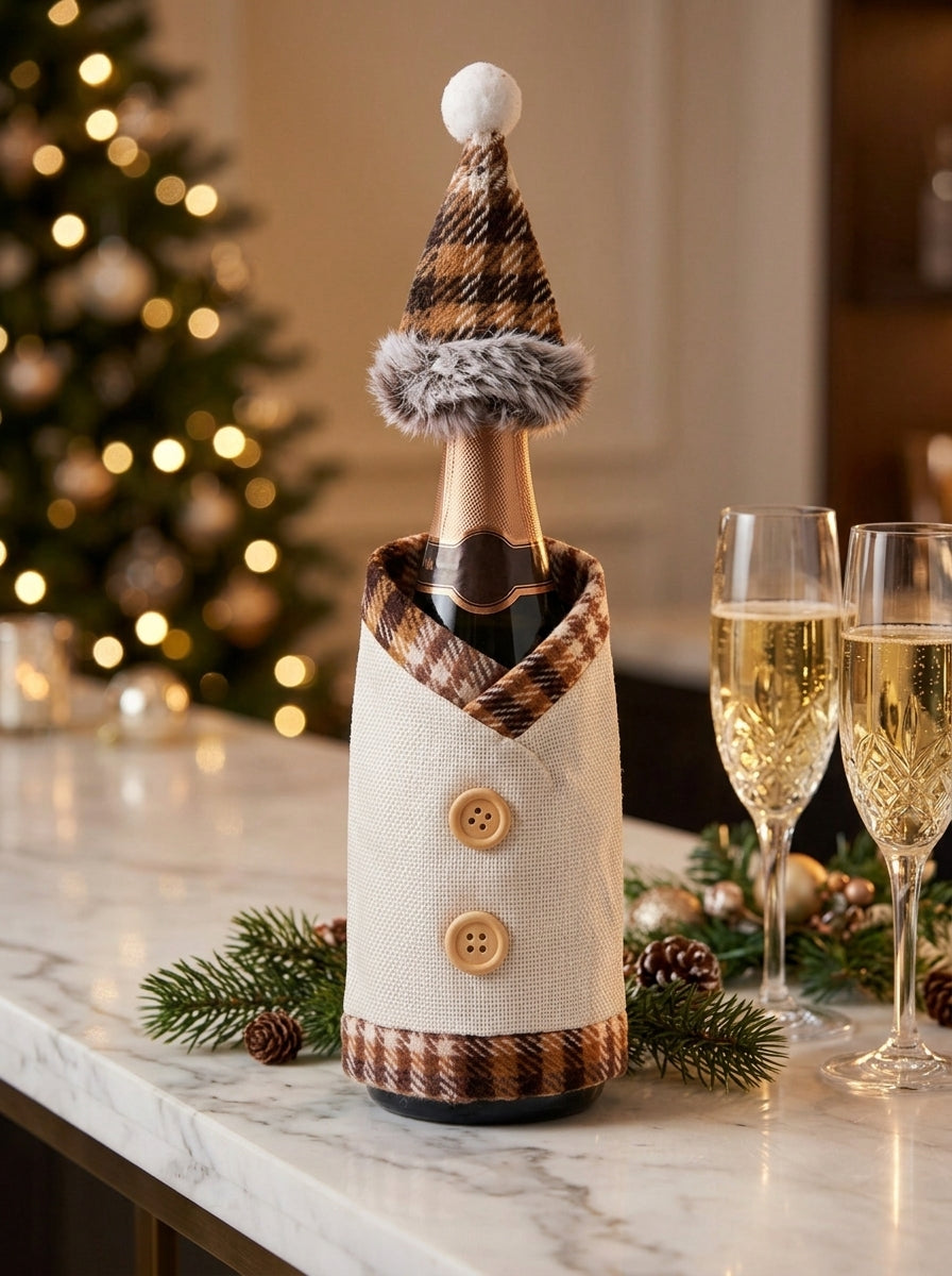 Santa's Bottle Dress Cream Plaid Christmas Bottle Ornament – 13 CM x 19 CM
