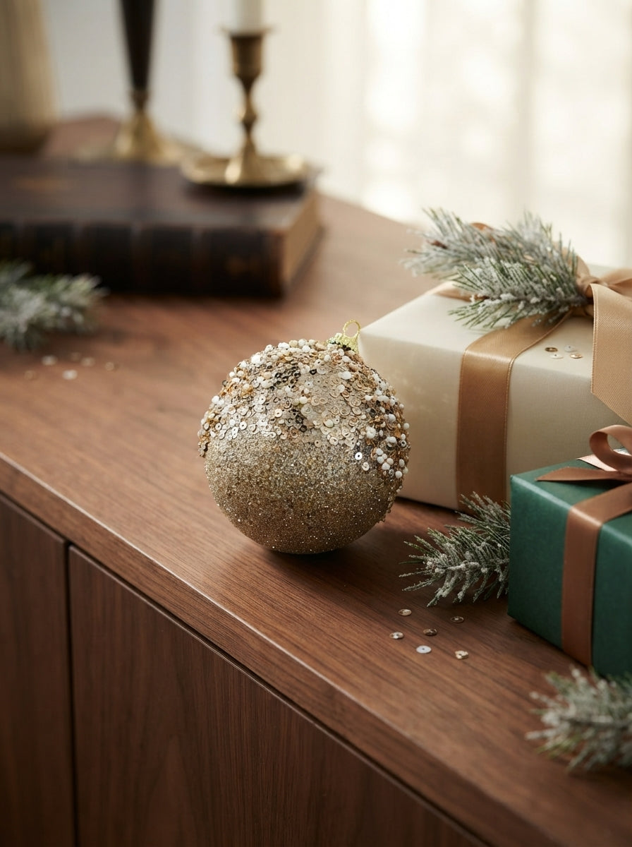 Champagne Pearl Işıltılı Yılbaşı Ağaç Süsü - 10 CM