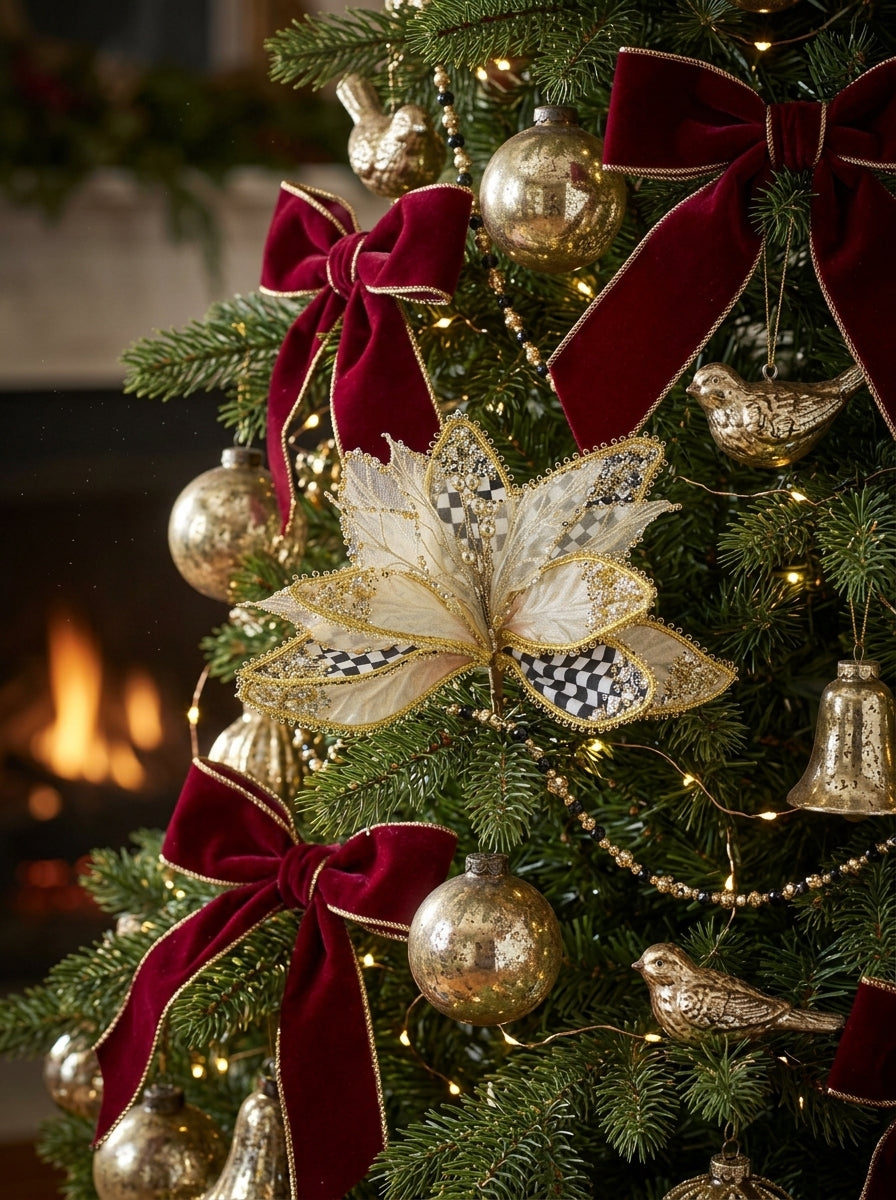 Golden Tartan Poinsettia Klipsli Yılbaşı Ağacı Süsü
