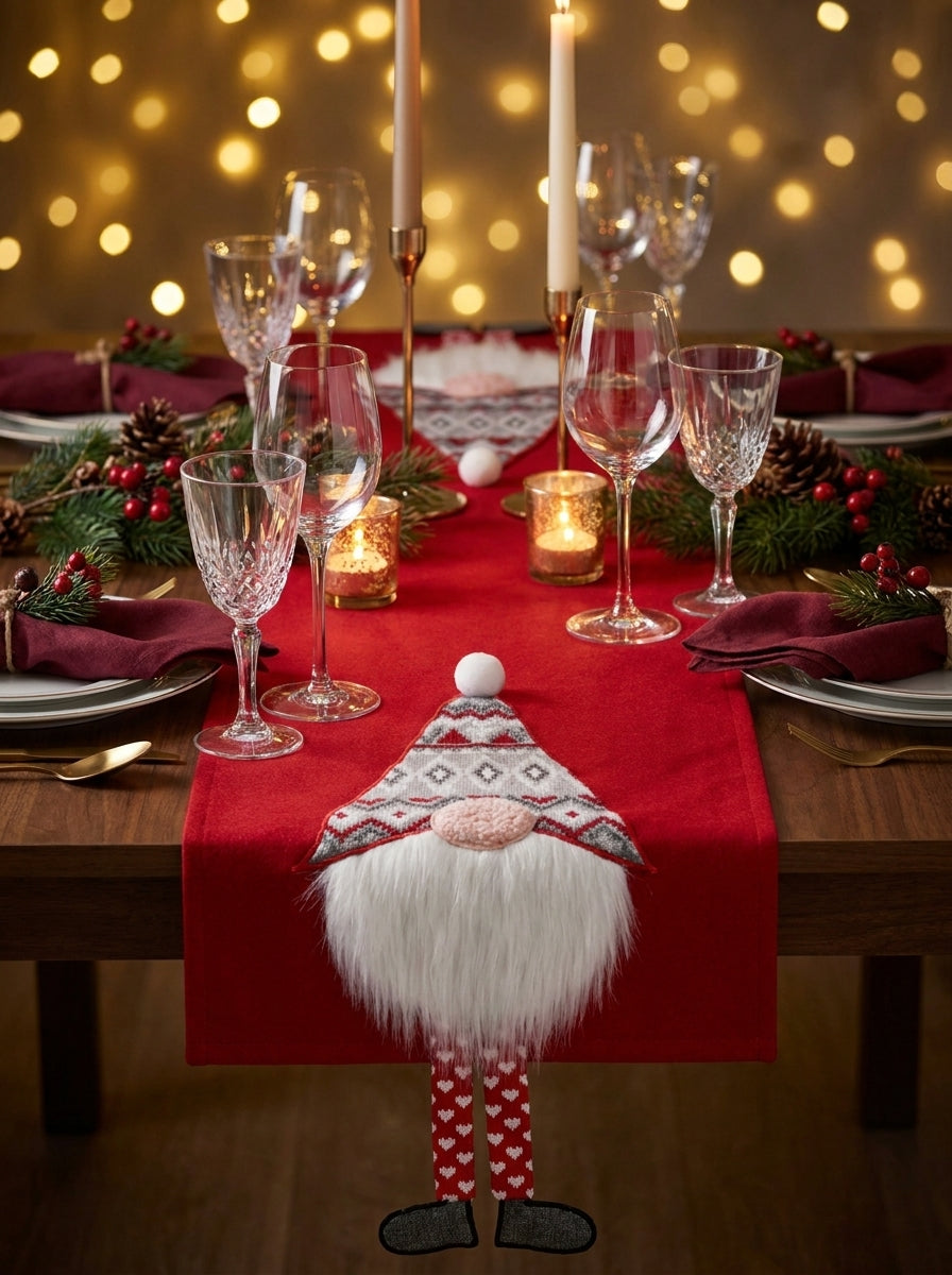 Christmas Gnome Kırmızı 3D Dekoratif Yılbaşı Runner