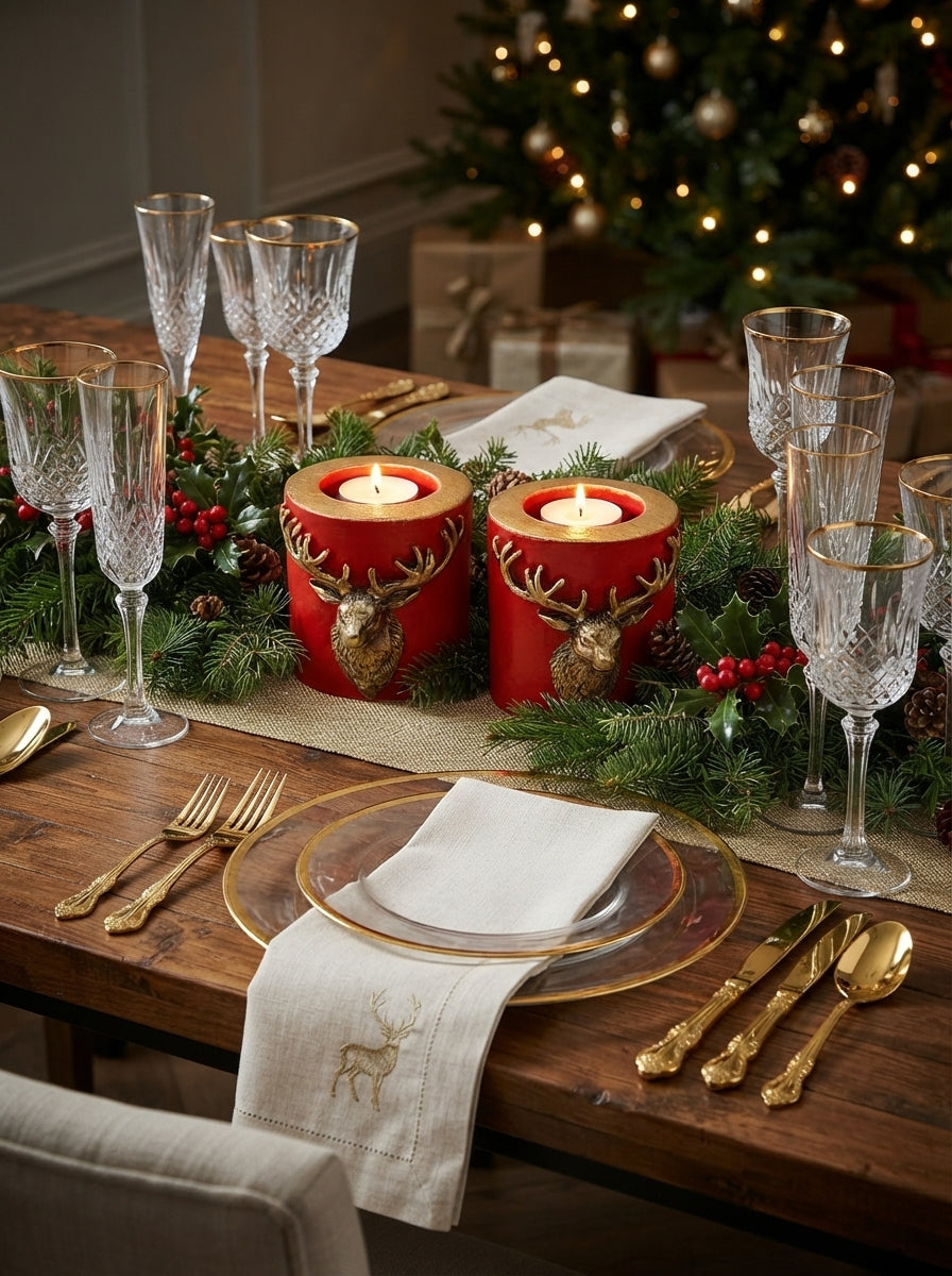 Gold Geyik Detaylı Kırmızı Tealight Mumluk 2’li Set