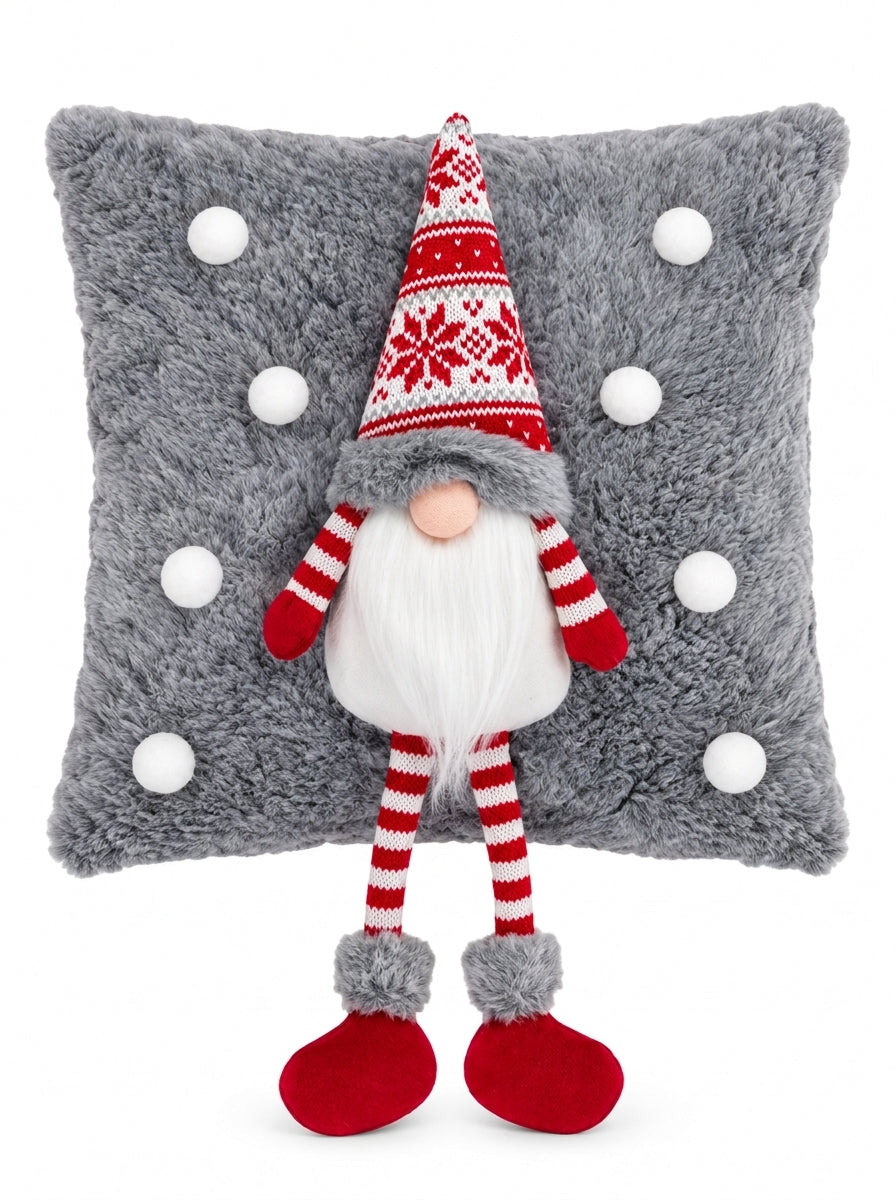 Nordic Gnome – 3D Figürlü Gri Peluş Yılbaşı Dekoratif Yastığı