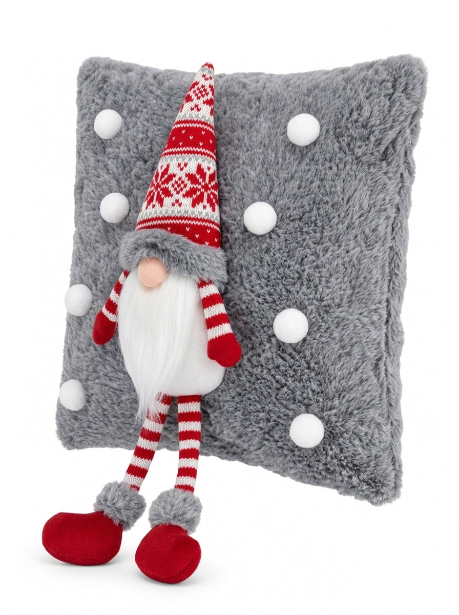 Nordic Gnome – 3D Figürlü Gri Peluş Yılbaşı Dekoratif Yastığı