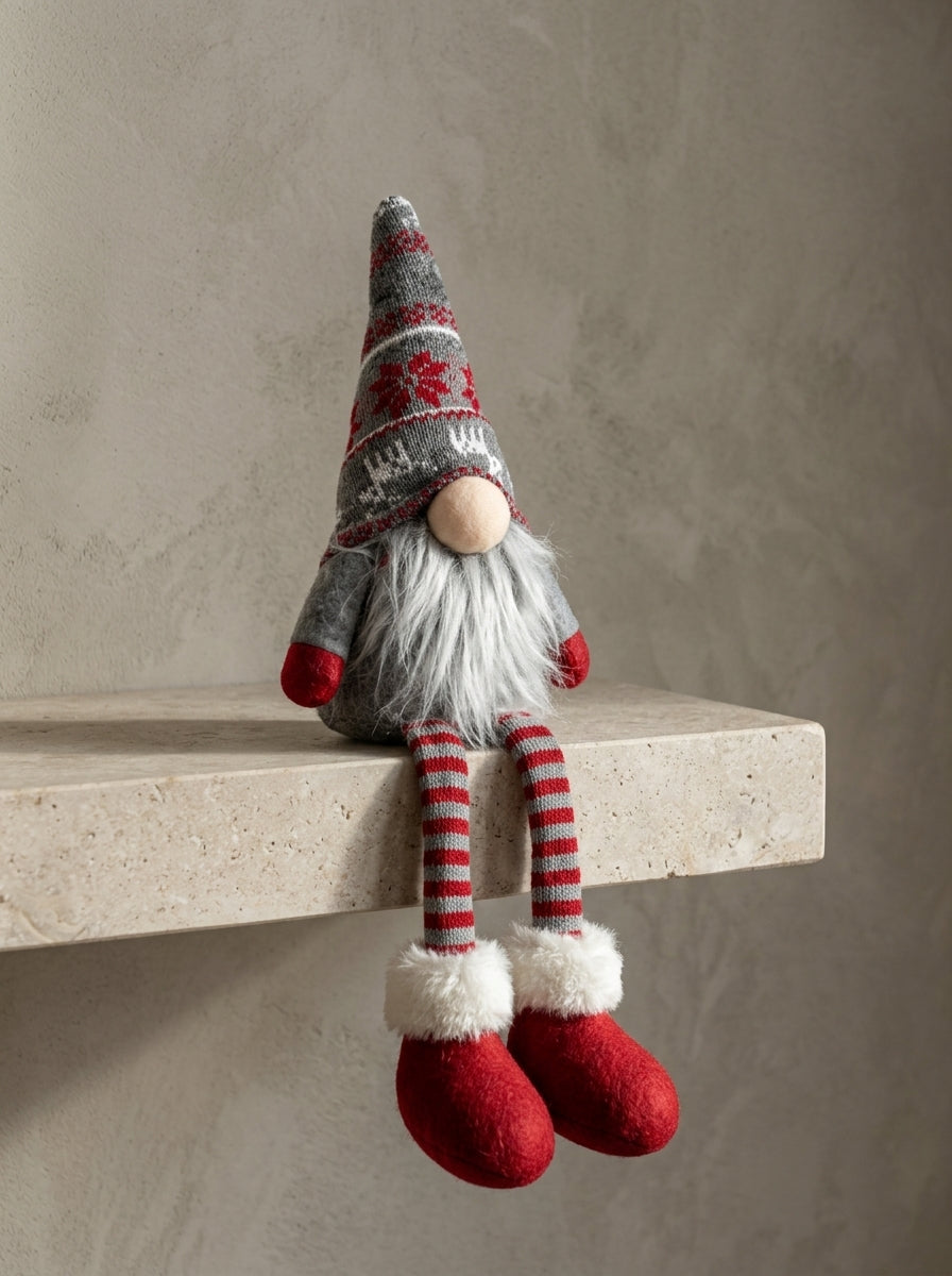 Nordic Gnome Gri Jakar Şapkalı Dekoratif Yılbaşı Cücesi - 35 CM