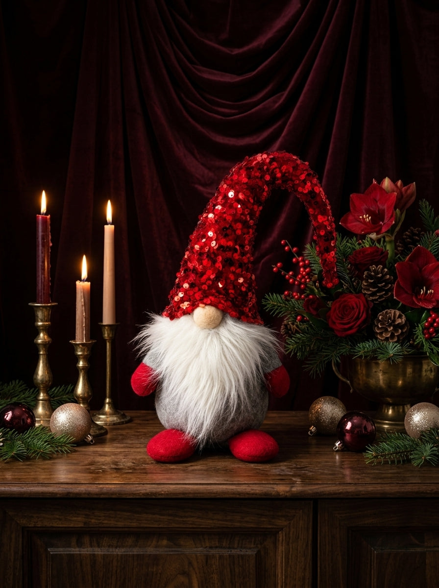Christmas Gnome Kırmızı Payet Şapkalı Dekoratif Yılbaşı Figürü - 42 CM
