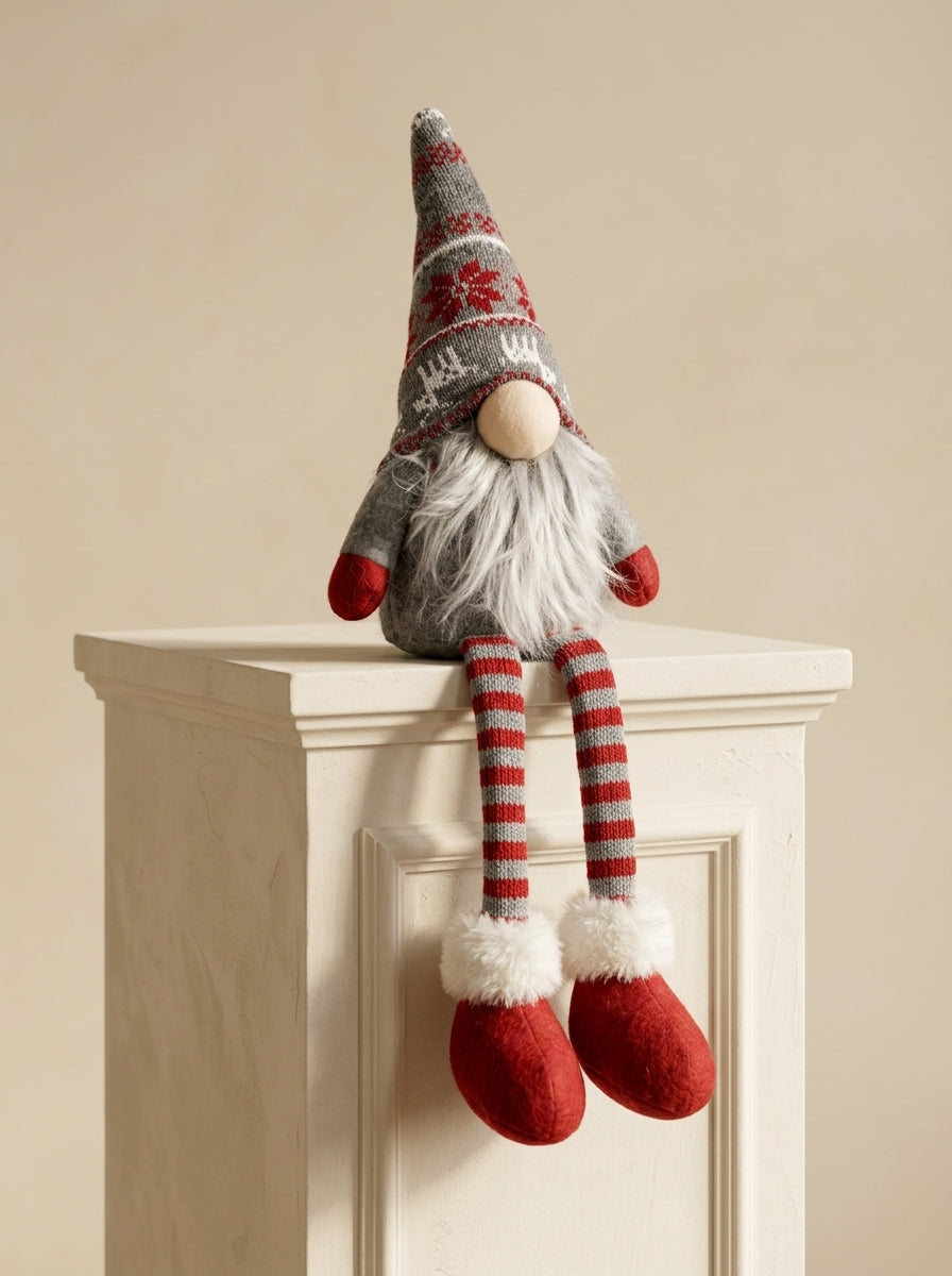 Nordic Gnome Gri Jakar Şapkalı Dekoratif Yılbaşı Cücesi - 35 CM