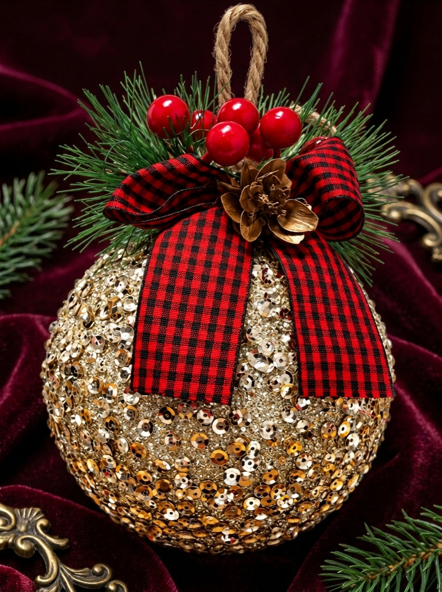 Champagne Glitter Tartan Bow – Ekose Fiyonklu Payetli Yılbaşı Topu