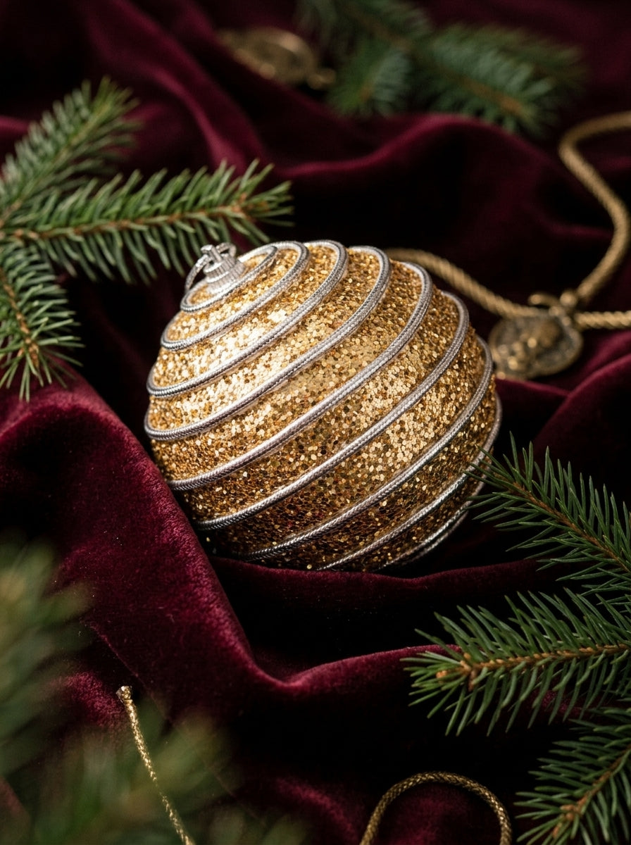 Champagne Silver Spiral – Gümüş Spiral Detaylı Işıltılı Yılbaşı Topu