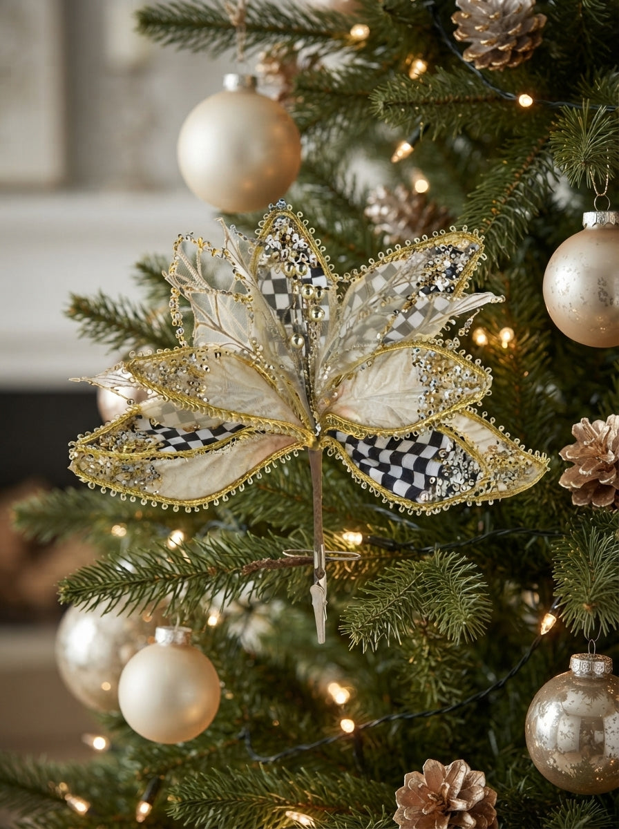 Golden Tartan Poinsettia Klipsli Yılbaşı Ağacı Süsü