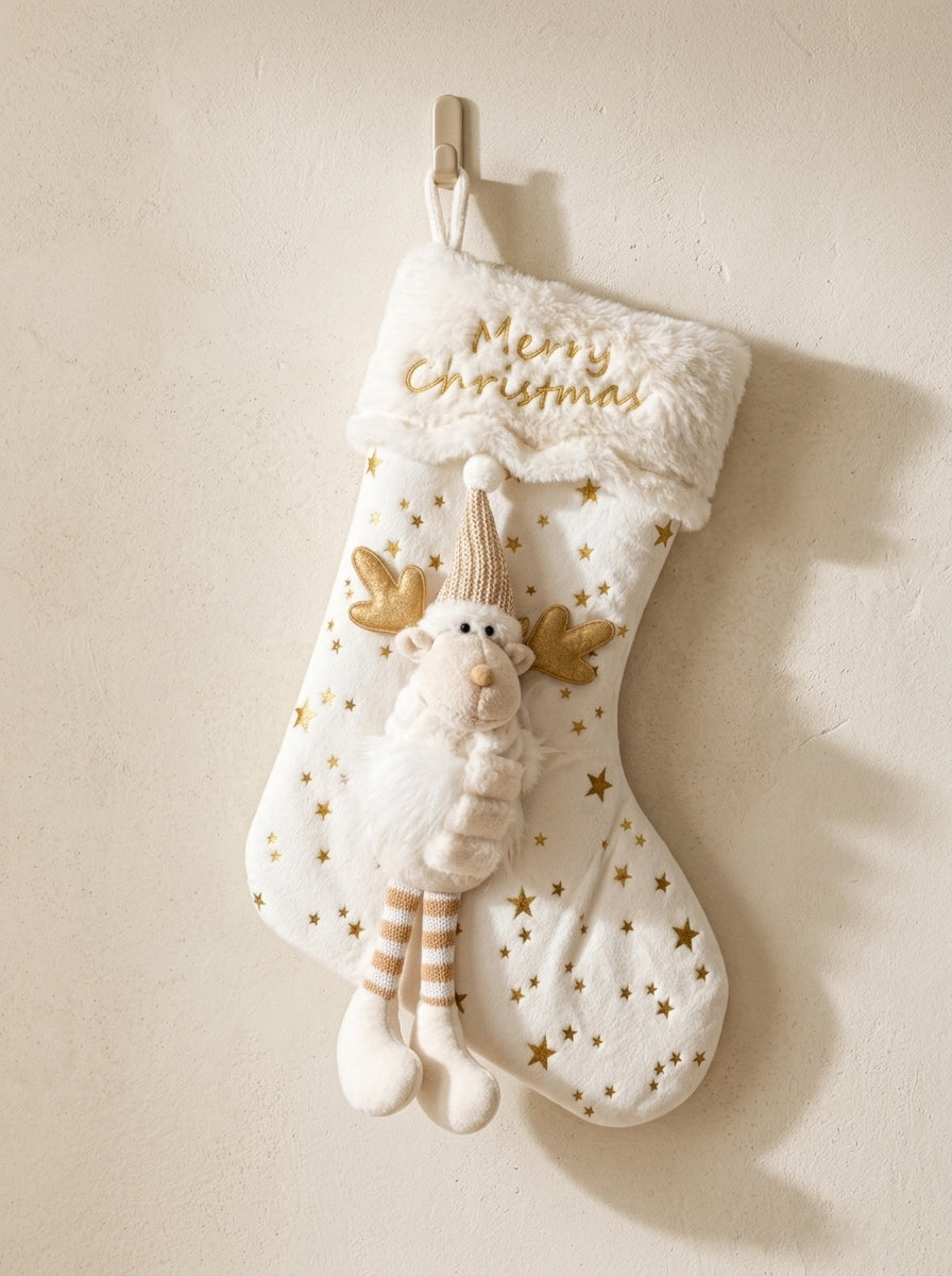 Ren Geyiği Detaylı Beyaz Yılbaşı Dekoratif Botu - 42 CM