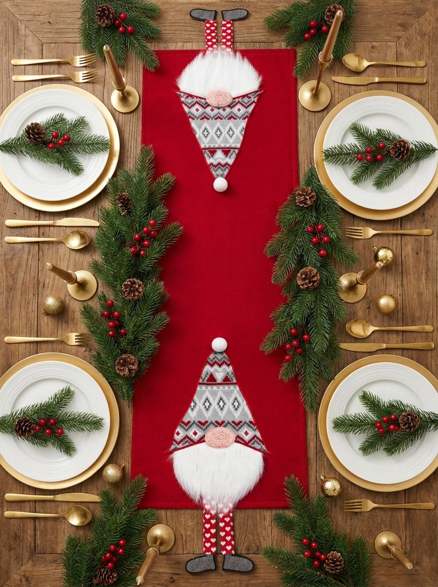 Christmas Gnome Kırmızı 3D Dekoratif Yılbaşı Runner
