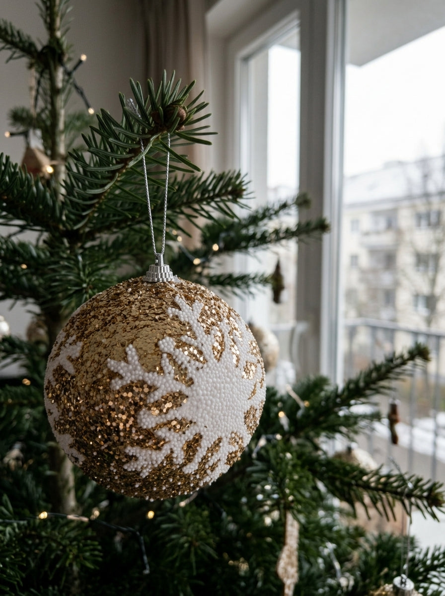 Champagne Snowfall – Beyaz Kar Tanesi Desenli Işıltılı Yılbaşı Topu