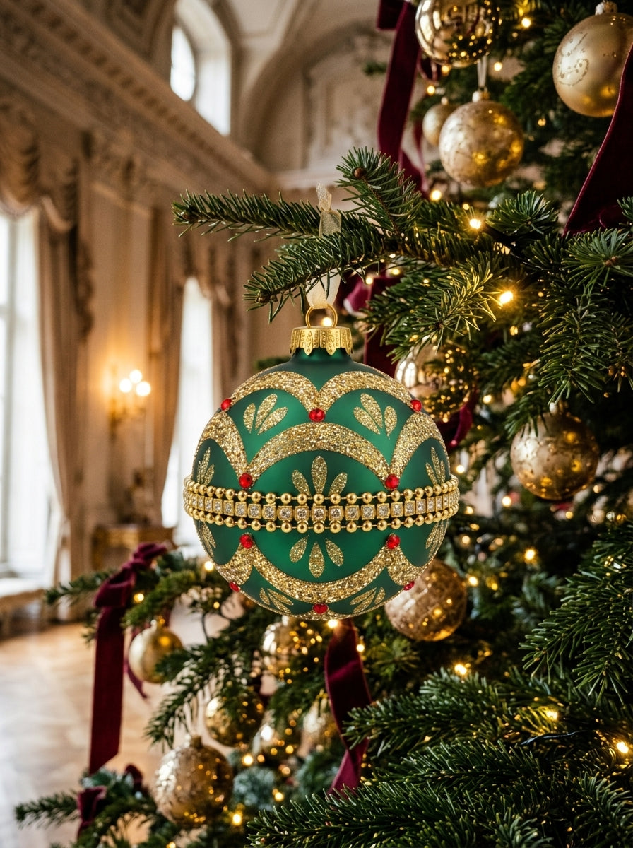 Emerald Royale Zümrüt Yeşili Altın İşlemeli Cam Yılbaşı Ağaç Süsü – 10 CM