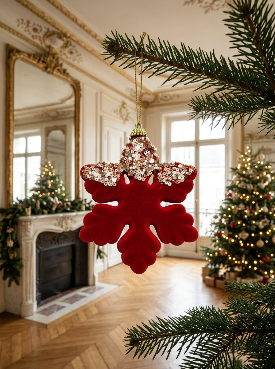 Ruby Snowflake Bordo Kadife Payetli Yılbaşı Kar Tanesi Ağaç Süsü - 12 CM