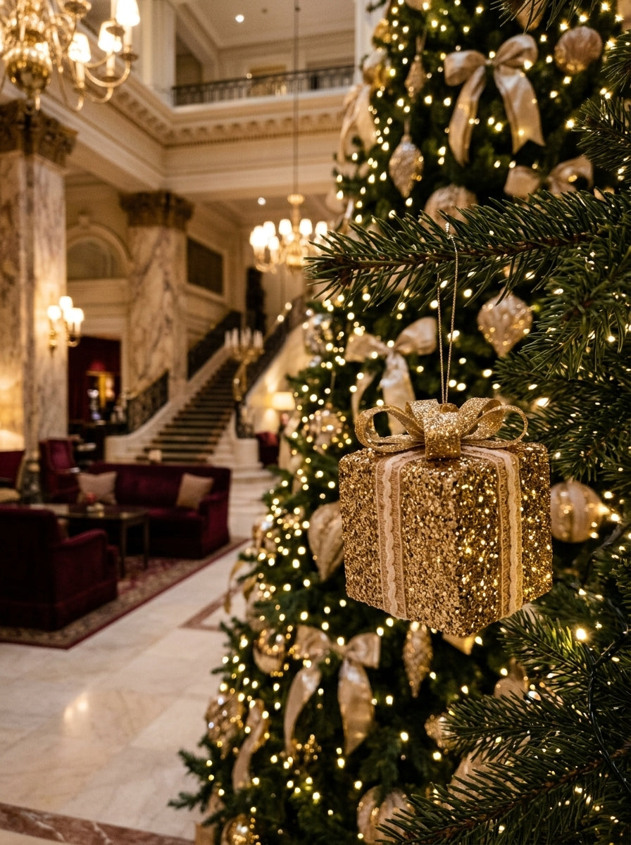 Golden Christmas Gift – Işıltılı Gold Fiyonklu Dekoratif Yılbaşı Hediye Paketi