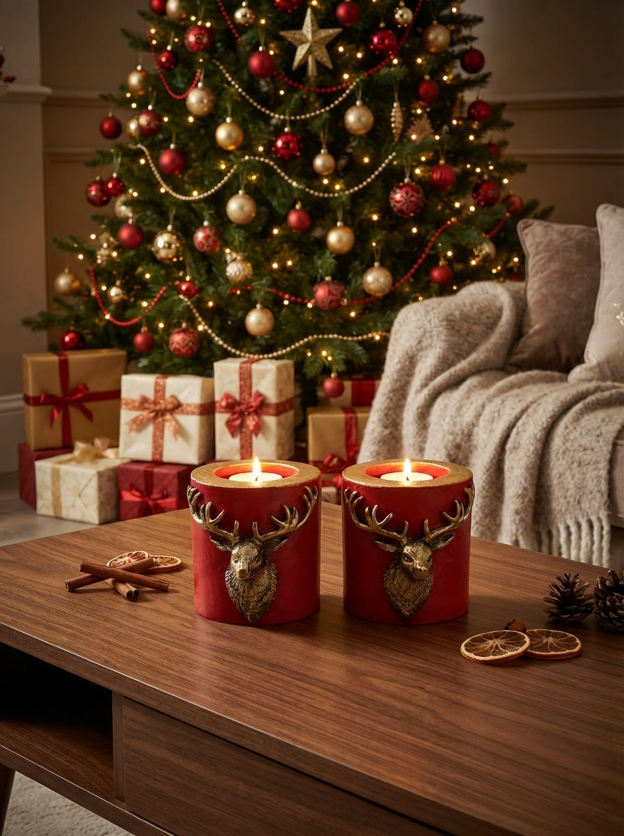 Gold Geyik Detaylı Kırmızı Tealight Mumluk 2’li Set