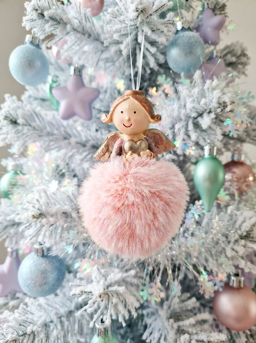 Angel Christmas Tree Ornament with Pink Pom-Poms