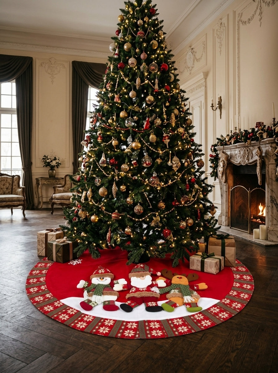 Christmas Story Santa Claus, Snowman and Reindeer Patterned Red Christmas Tree Skirt – 120 CM