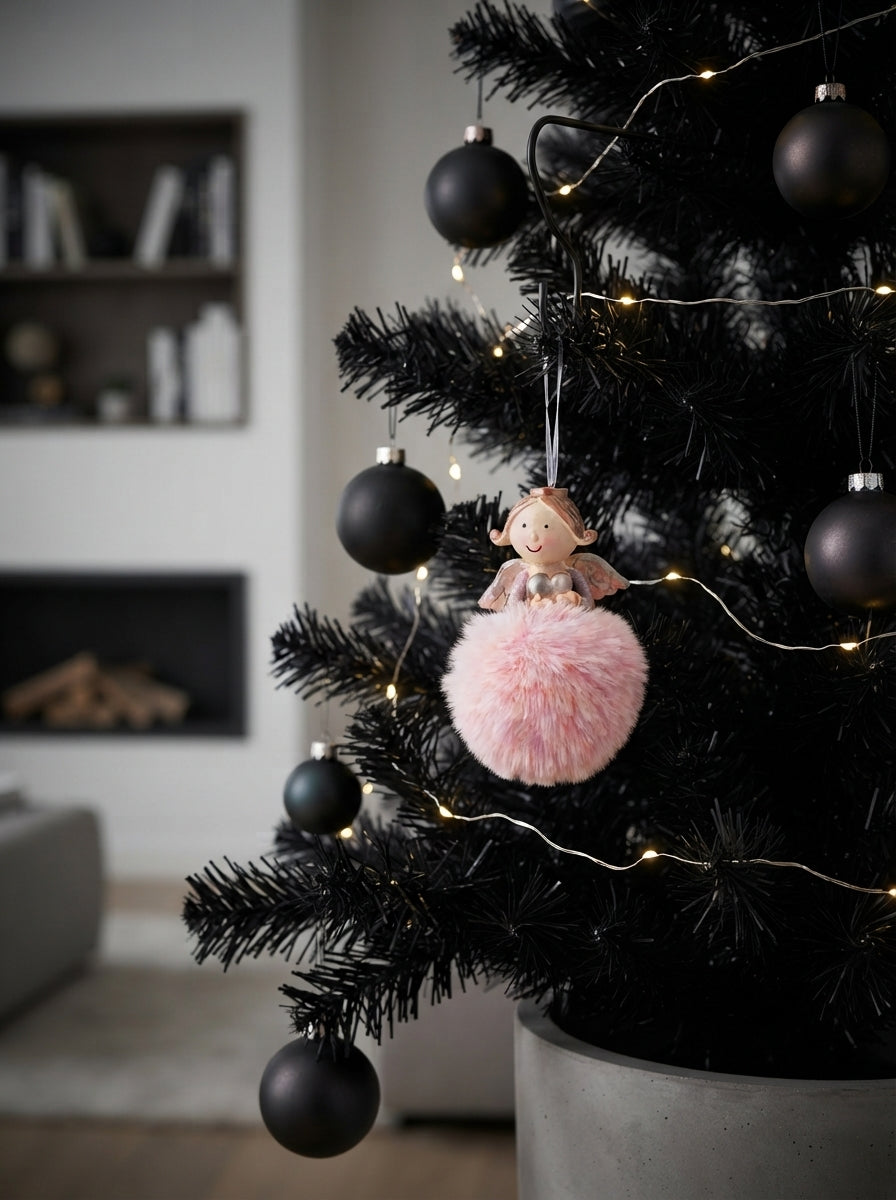 Angel Christmas Tree Ornament with Pink Pom-Poms