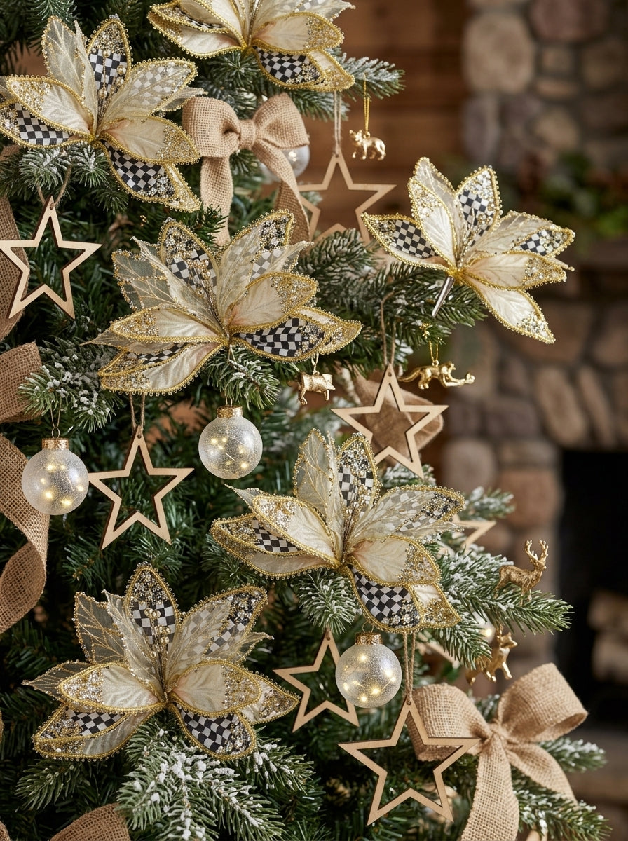 Golden Tartan Poinsettia Klipsli Yılbaşı Ağacı Süsü