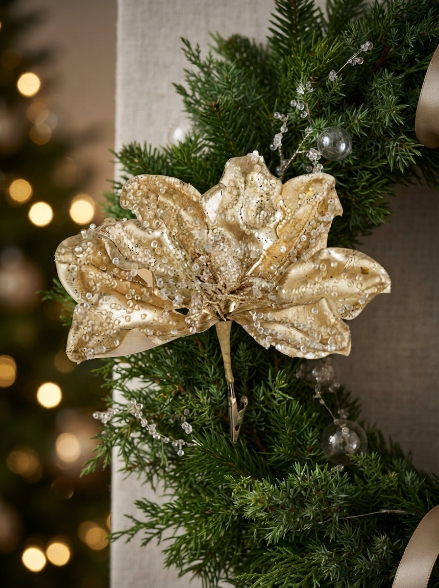 Golden Crystal Klipsli Yılbaşı Çiçeği Ağaç Süsü