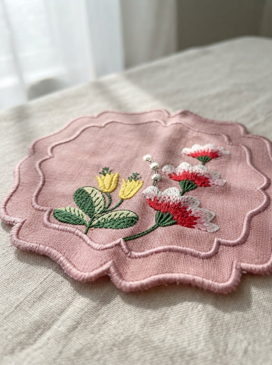 Fleur Embroidered Kokteyl Peçetesi-Pink