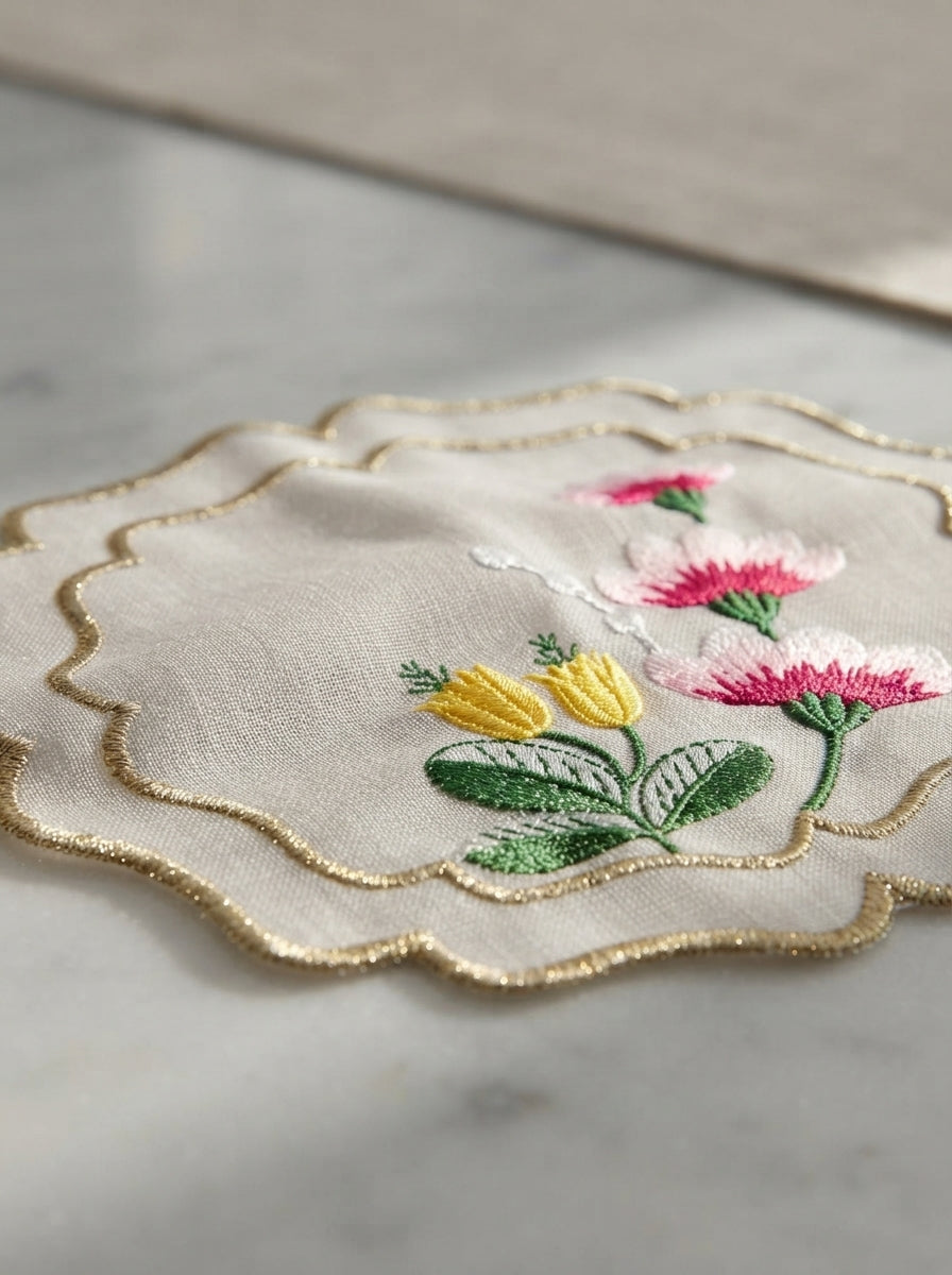 Fleur Embroidered Kokteyl Peçetesi-White