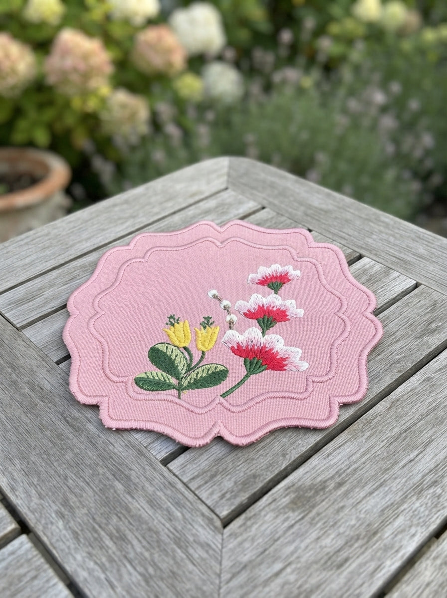 Fleur Embroidered Kokteyl Peçetesi-Pink