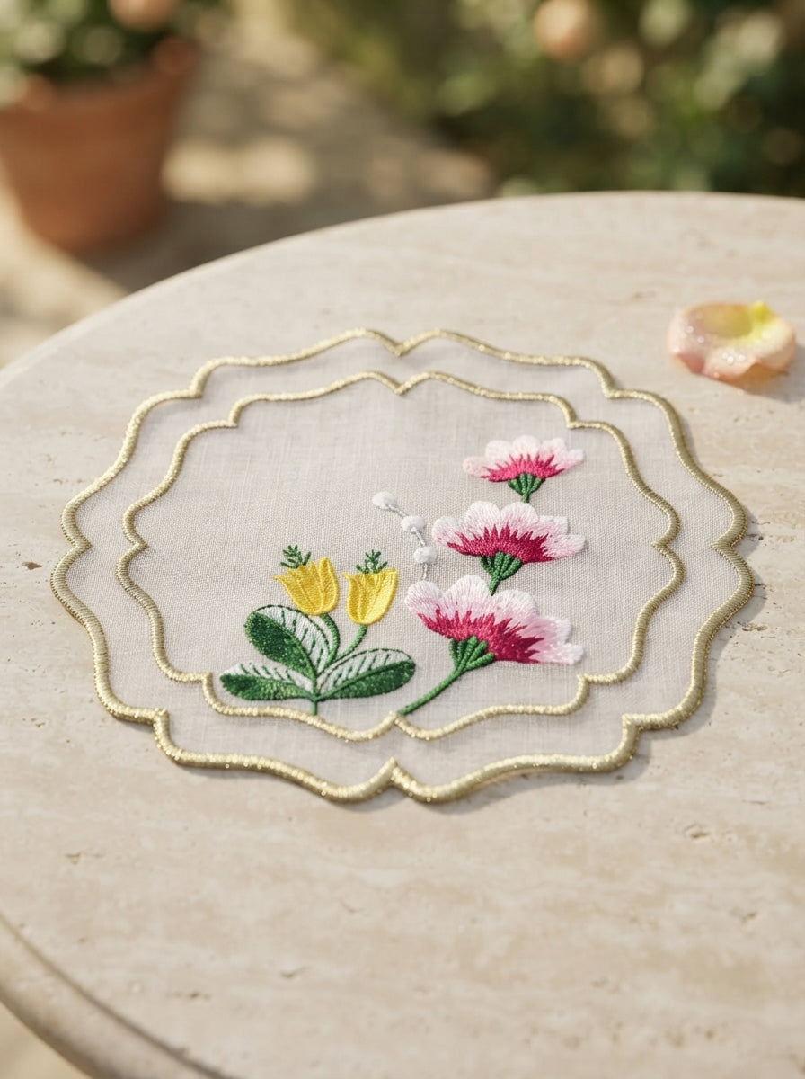 Fleur Embroidered Kokteyl Peçetesi-White