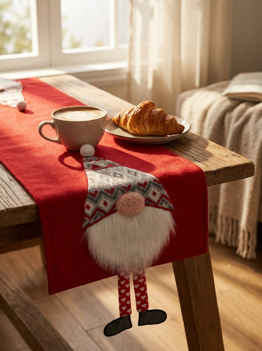 Christmas Gnome Kırmızı 3D Dekoratif Yılbaşı Runner