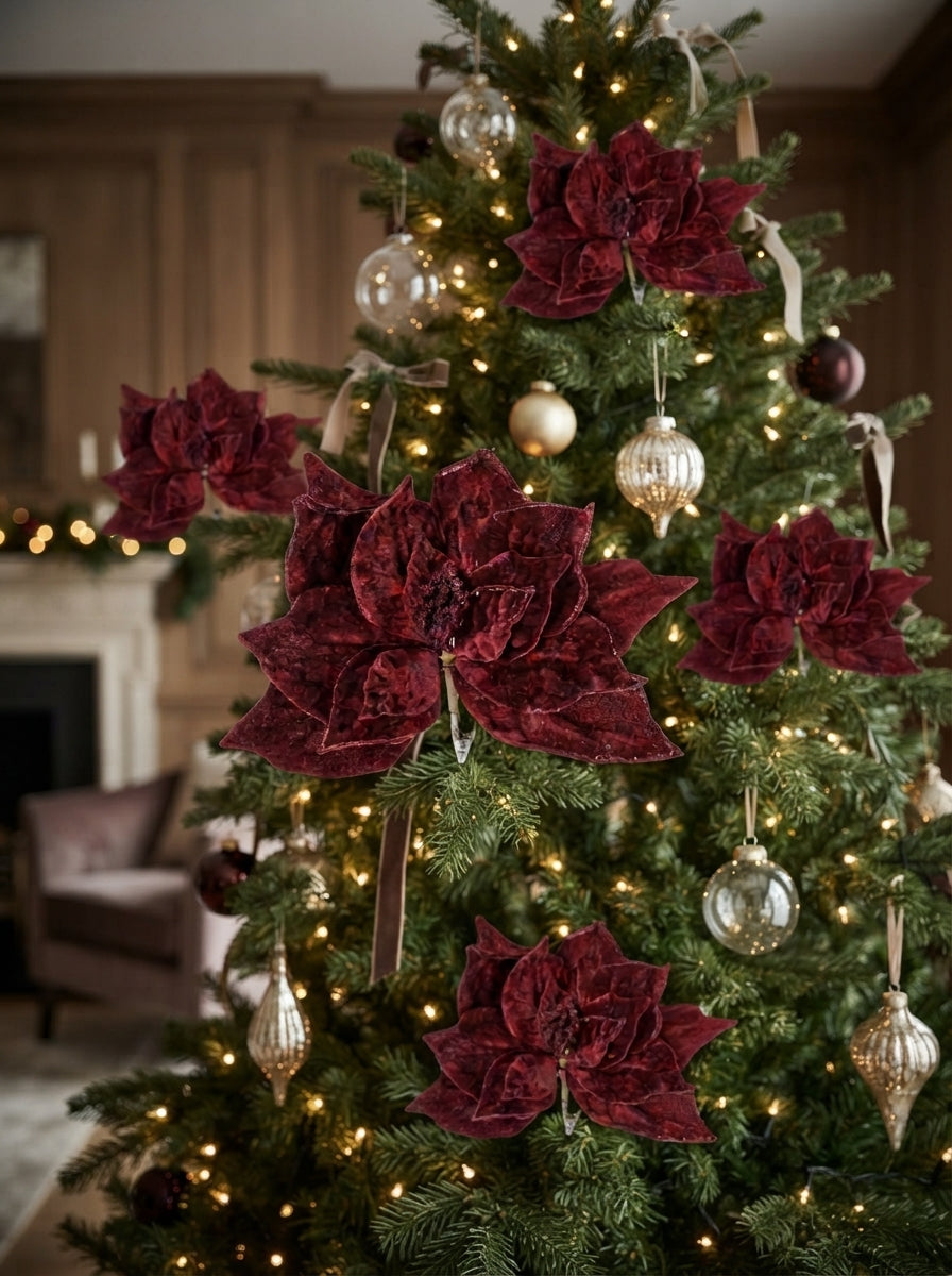 Burgundy Poinsettia Glitter Klipsli Yılbaşı Ağacı Süsü
