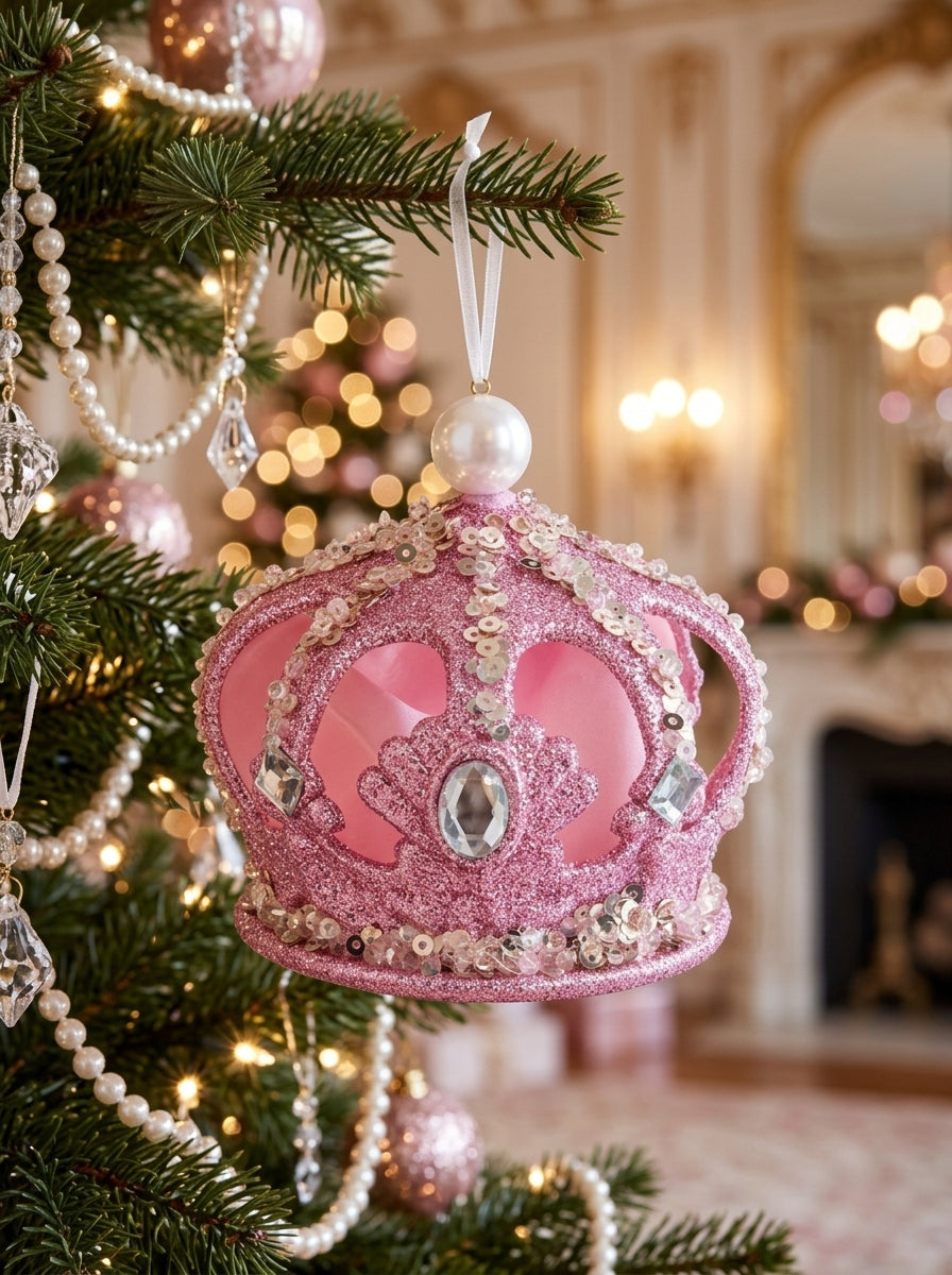 Pink Royal – Kristal Işıltılı Pembe Kraliyet Tacı Yılbaşı Ağacı Süsü - 8 CM
